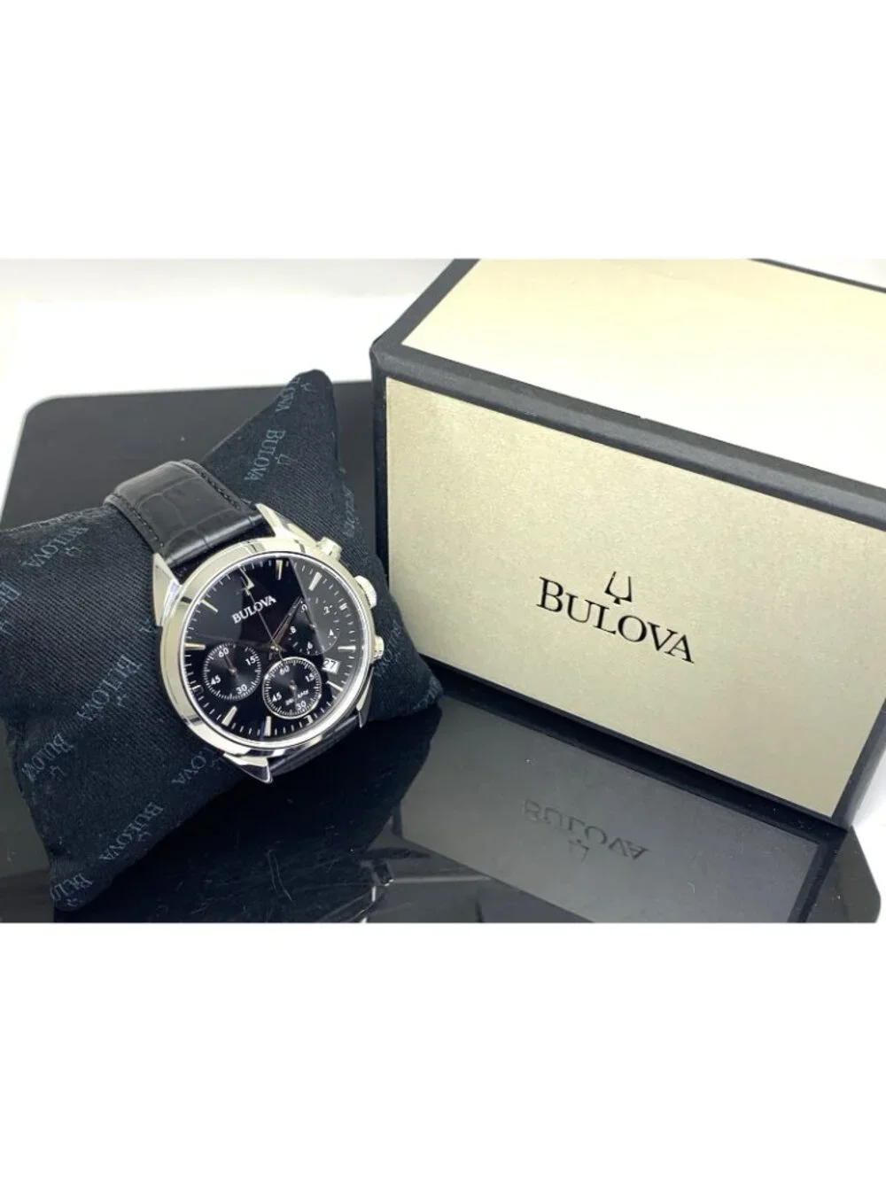 Bulova Men's Watch 96B371 Quartz Chronograph Black Dial Leather Strap 42mm